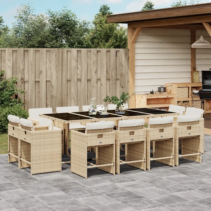 Set mobilier gradina VidaXL, 13 piese, ratan PE, bej, cu perne