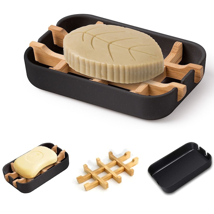 Suport pentru săpun din bambus, ZGGZERG, Tavă scurgere, negru, 13x8.5x2.4cm