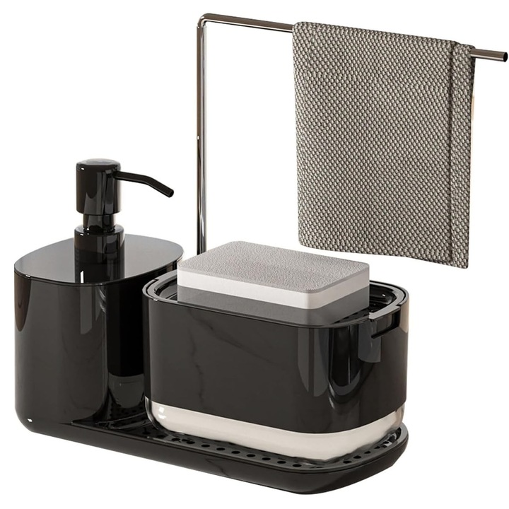 Dozator Sapun Bucatarie, ZGGZERG, 800ml, Amovibil, Manual, cu Tava, Suport Burete, Suport Prosoape, Burete si Palnie, Usor De Curatat, Design Elegant, Potrivit Pentru Bucatarie, Baie, Plastic, Negru
