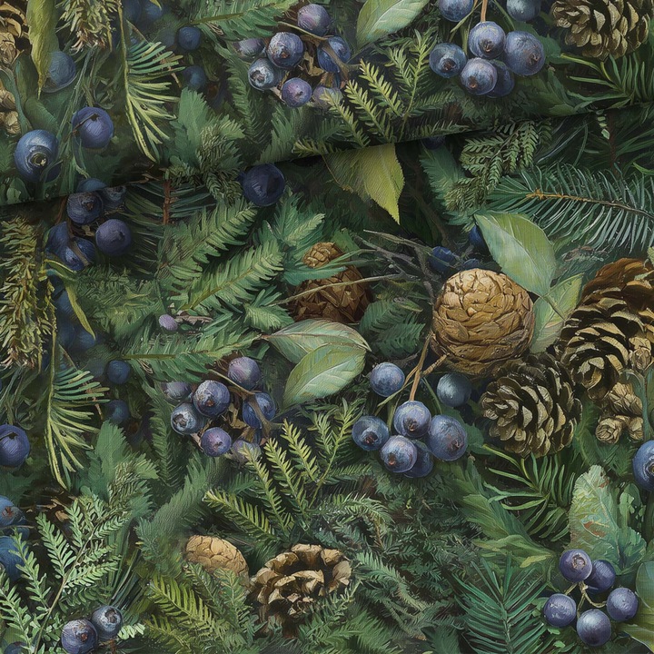 Material textil, Tricot jersey imprimat Comori ale padurii, bumbac 92%, elastan 8%