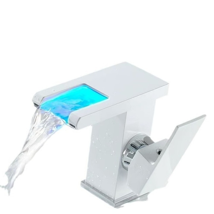 Батерия за баня тип водопад, с RGB LED, функция за оцветяване на водата в зависимост от температурата, месингово тяло, устойчивост на корозия, включени гъвкави връзки, модерен дизайн, лесен за инсталиране, матово бял, 12,5 см височина