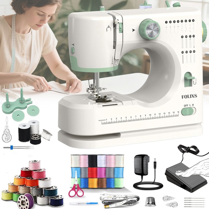 Шевна машина, FOLIXS®, Автоматична нишка, Обратно шиене, 16 вида шевове, 2 скорости, 4-стъпкова илик, Поддръжка за шиене с двойна игла, LED осветление, Регулиране на опън (1-9), С педал, Автоматичен навивач на калерчета, Бяла