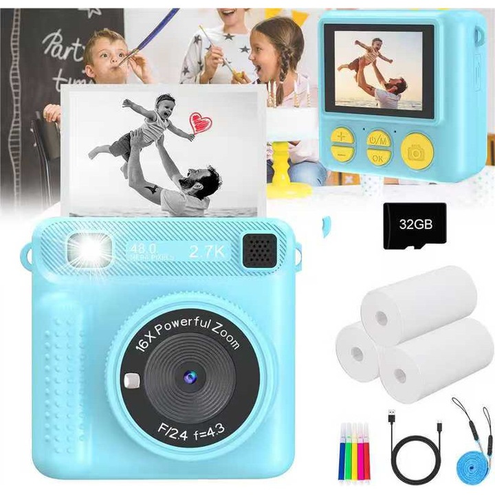 Детски моментален фотоапарат, SHIJOOE®, с функция за моментален печат, HD 1080P, 2.4-инчов екран, функции за снимки, видео, MP3 плейър, 32G карта памет, 3 ролки хартия, светкавица, с 5 цветни молива, стикери и верижка, 3 игри