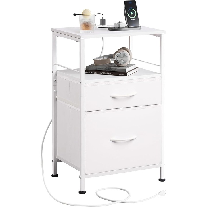 Странична маса Uptyia, крайна маса на 3 нива, рафт за съхранение и текстилно чекмедже, бяла странична маса с дървен плот, маса за диван за закуски, идеална за малки пространства., Бял MDF