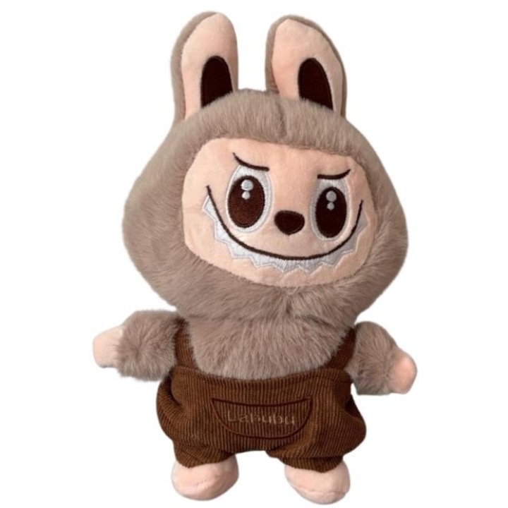 LaBubu plüss figura overállal, puha és bolyhos, szürke, 28cm