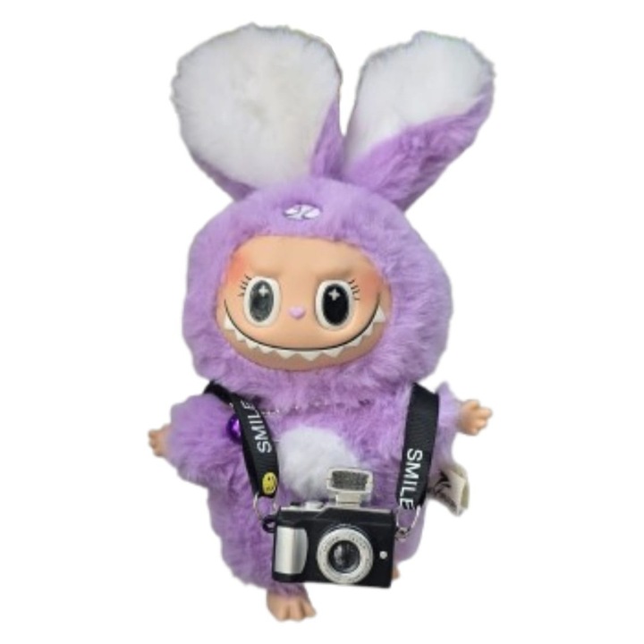 Figurina de colectie, Labubu cu accesoriu aparat foto, mov/alb, 18 cm