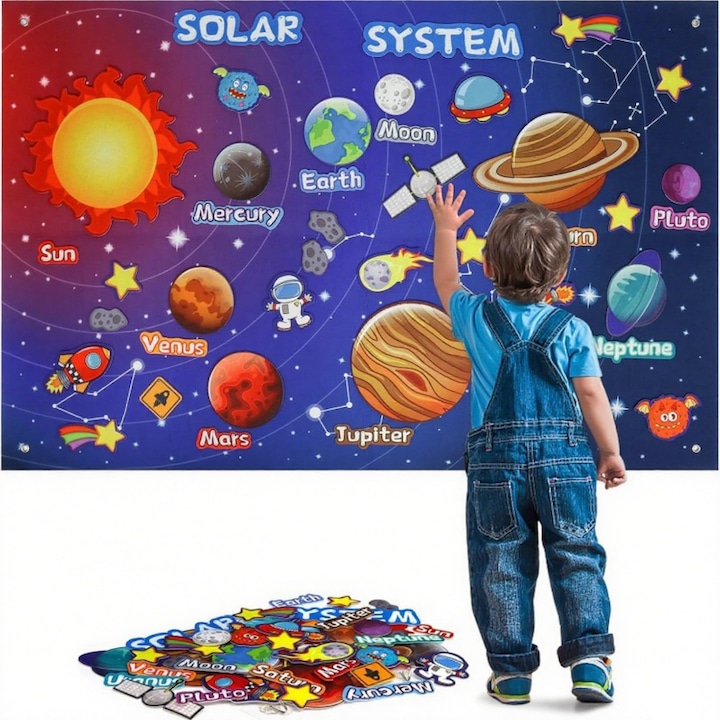 Set de jucarii educative din fetru, AjieQaQ, sistem solar, 42 piese, 103x75 cm, multicolor