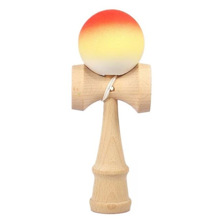 Jucarie Interactiva Kendama, ZUBI HOME, din Lemn, 18 cm, Joc de Indemanare pentru Copii si Adulti, Portocaliu/Galben/Alb