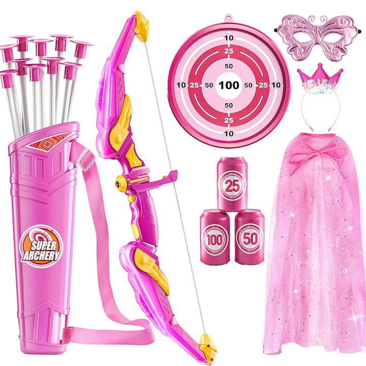 Wuciray® Комплект играчка лък със стрели с вендузи със светлини, 10 стрели и колчан, подвижна мишена, 3 мишени за отбелязване на точки, комплект пелерина, корона и розова маска