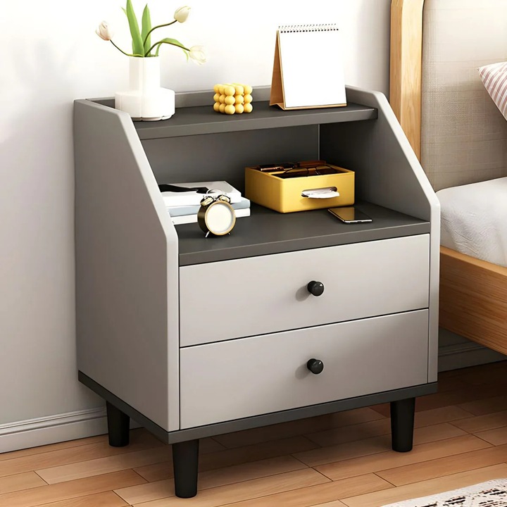 Noptiera Vivendo, 2 sertare, raft superior, gri, 40x30x53cm