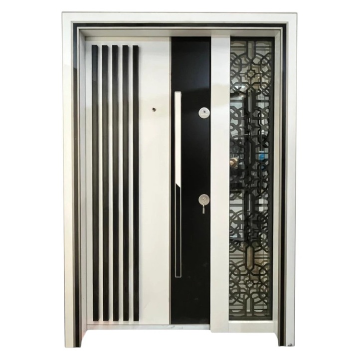 Usa metalica dubla de exterior cu izolatie si vizor Novo Doors NDS1000, Din compozit, Deschidere stanga, 2 yale, dimensiune 208X140 centimetri, Cu geam securizat, Kit complet, Pentru case, Alb cu Negru