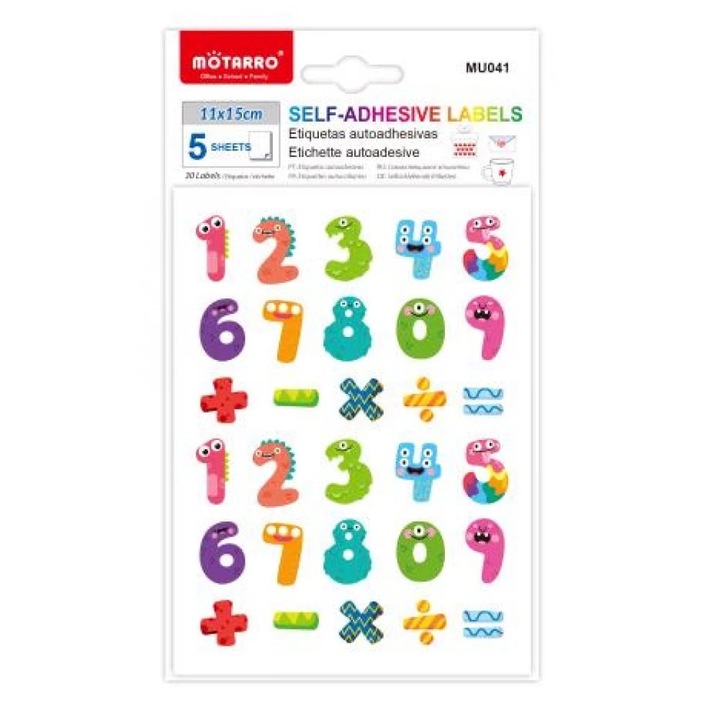 Стикери с цифри, цветни, самозалепващи, весели фигурки, 5 листа