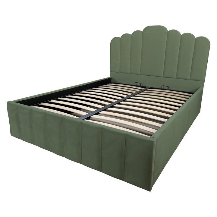 Pat dublu tapitat Flow cu spatiu de depozitare si somiera rabatabila, verde maslin, 180x200 cm