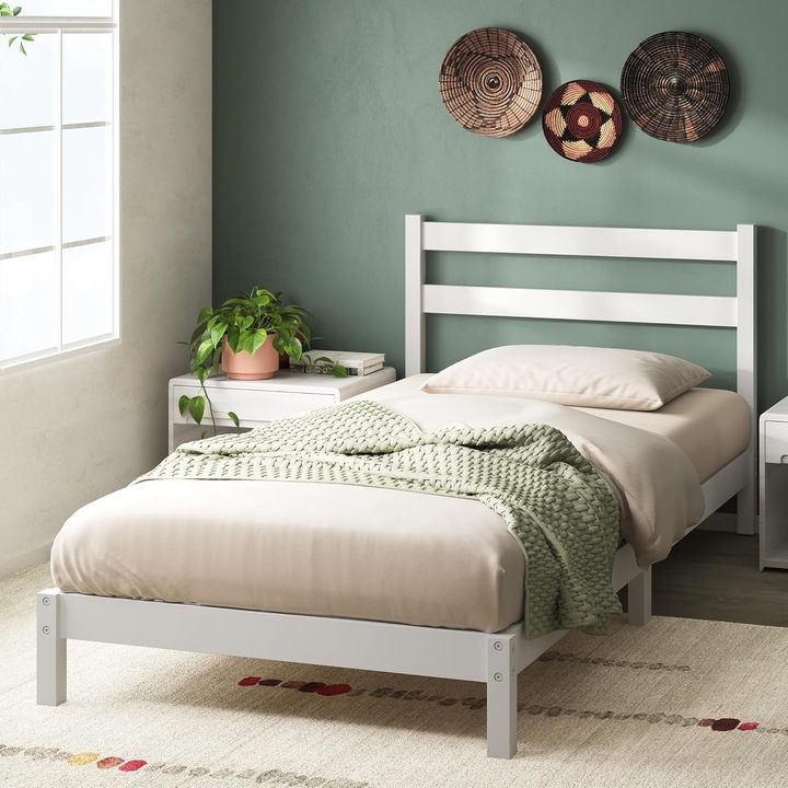Cadru de Pat din Bambus, 100x200x20 cm, Montare Usora, Greutate Maxima 318 Kg, Alb - CN