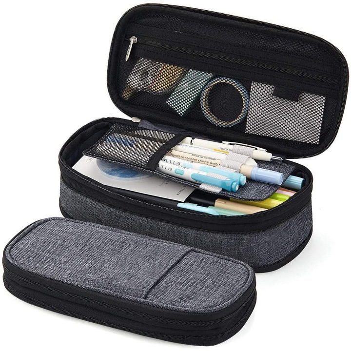 Penar mare din textil, etui cu dubla deschidere si 3 compartimente, Gri, 21.5x10x6.2 cm