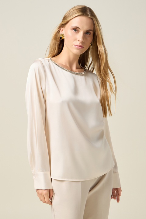 Oltre, Bluza din satin cu decolteu barcuta, Bej deschis