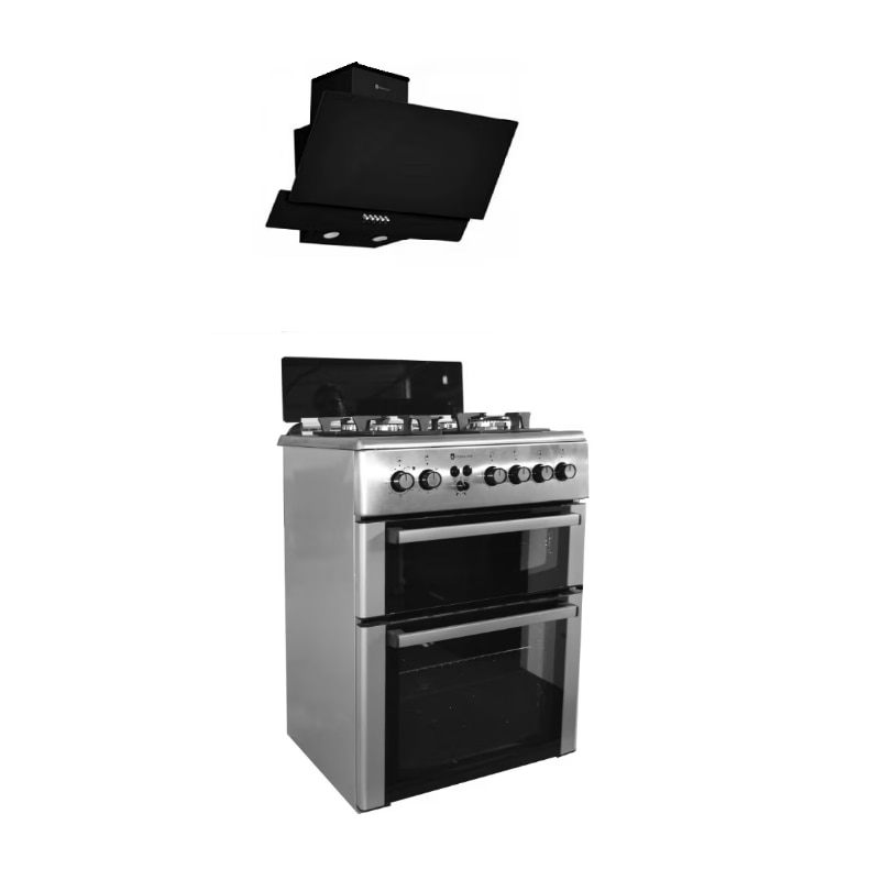 Pachet Aragaz mixt Studio Casa Duetto FM60/60 cm., 2 cuptoare si Hota decorativa sticla neagra, Cuptor electric + Cuptor gaz, 4 arzatoare gaz, Ventilator, Aprindere electrica, Inox/ Sticla neagra