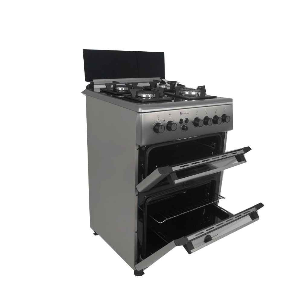 Pachet Aragaz mixt Studio Casa Duetto FM60/60 cm., 2 cuptoare si Hota decorativa sticla neagra, Cuptor electric + Cuptor gaz, 4 arzatoare gaz, Ventilator, Aprindere electrica, Inox/ Sticla neagra