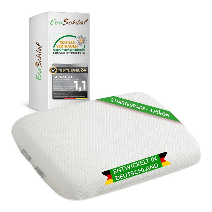 Ecoschlaf® Orthodual – Ortopédiai párna – Tanúsított – Nyaktámasztó párna oldalfekvőknek – Dupla memóriahabos nyakpárna – Ergonomikus párna – Nyakfájás csillapítására (60 X 35 X 08)