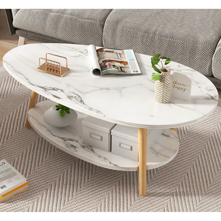 Овална масичка за хол, изработена от MDF дърво, 3 крака, бяла