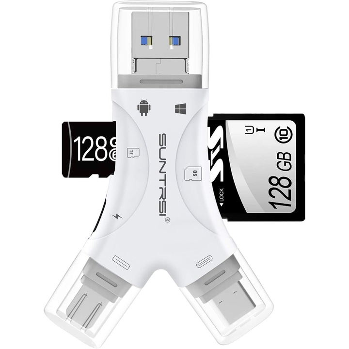 Cititor de carduri USB 4-in-1, Mingzhi®, accepta SD, SDHC, SDXC, Micro SD, Micro SDHC, Micro SDXC si USB Conexiuni-compatibile cu iPhone 15+ Pad MacBook Samsung S24