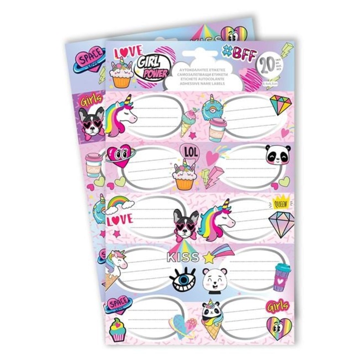 Етикети самозалепващи се Еднорози & Сладкиши – 20 броя (2 листа) за тетрадки и ученически пособия – дизайн с еднорози и сладкиши, самозалепващи се, за момичета – ANTBRO