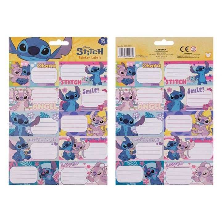 Етикети стикери Лило и Стич – 20 броя (2 листа) за тетрадки и ученически пособия – дизайн с Лило и Стич, самозалепващи се, за момичета – ANTBRO