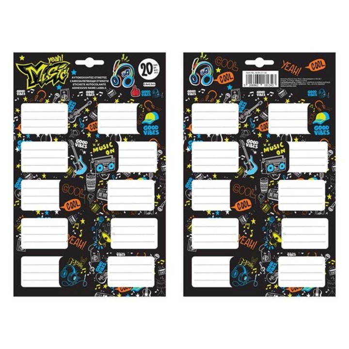 Самозалепващи се етикети Music Neon 8, 4 × 4, 5 см – 20 броя (2 листа) за тетрадки и ученически пособия – неонов музикален дизайн, черно-върху-неон, унисекс – ANTBRO