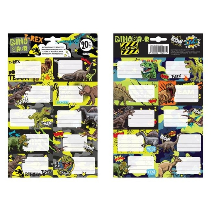 Етикети самозалепващи Динозаври 8, 4×4, 5 см – 20 броя (2 листа) за тетрадки, дневници, училищни календари – гланцирана хартия, унисекс дизайн, училище и детска градина – ANTBR O