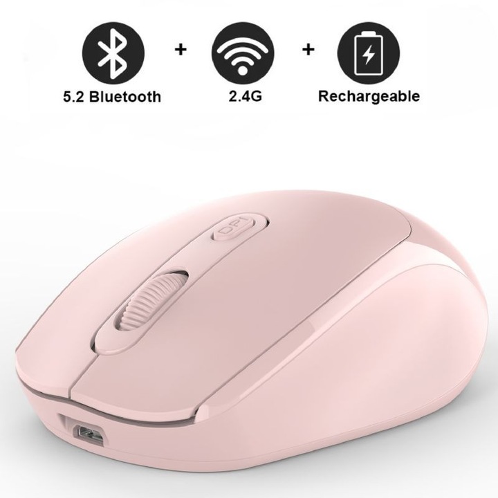 Mini egér optikai vezeték nélküli iNext 2.4G és Bluetooth dual-mode, 57g súlyú, USB vevő, némító gombok, állítható 800/1200/1600DPI, ergonomikus, laptop PC Mac-hez, 500mAh, rózsaszín