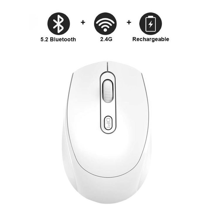 Mini optikai vezeték nélküli egér iNext 2.4G és Bluetooth kettős mód, 57g súlyú, USB vevő, némító gombok, állítható 800/1200/1600DPI, ergonomikus, laptop PC Mac-hez, 500mAh, fehér
