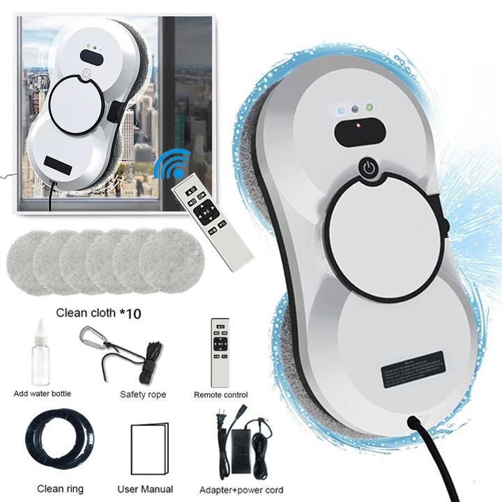 Робот за почистване на прозорци Infinitara, автоматично пръска вода за почистване на прозорци/плочки/врати на класни стаи, интериор/екстериор, мощност на засмукване 5600 Pa, оборудван с 10 ултрафини микрофибърни кърпи