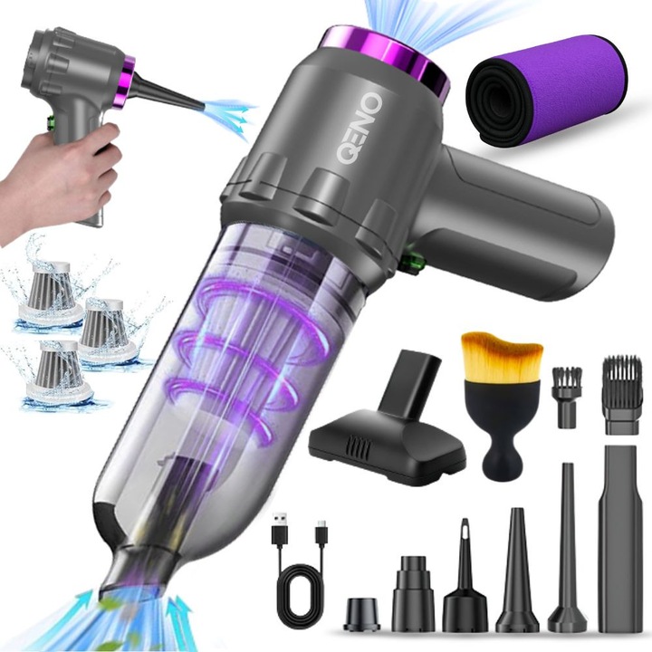 Aspirator Auto Portabil Fara Fir 3in1, Qeno® PureFusion 120W, Baterie 2x2600mAh, 3 Functii Top Aspirare/Suflare/Pompare+Vidare, 2x Trepte Viteza, Cu 12 Accesorii, 3x Filtre Hepa, 1x Laveta, 1x Perie Curatare, Incarcare USB-C, Autonomie +/-30 Min, Gri-Roz