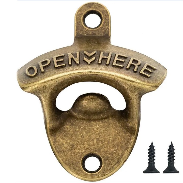 Desfacator sticle de bere sau suc Lerods cu montaj pe perete, model vintage pentru terasa foisor bucatarie bar restaurant, cu suruburi, auriu