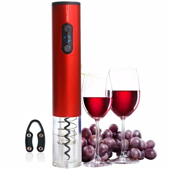 Tirbuson Electric Reincarcabil GREATON, Extragere Dop Sticla Vin, Din Inox, Cu Accesoriu Taiere Folie, 25 cm, Rosu