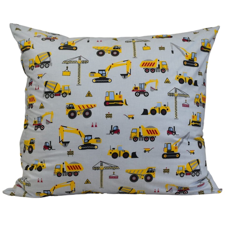 Fata De Perna Pentru Copii, Somn Profund, Excavatoare, 70 cm x 80 cm, Bumbac Natural, Fermuar, Imprimare Pe Ambele Parti, Certificat Oeko-Tex Standard 100, Galben/Gri