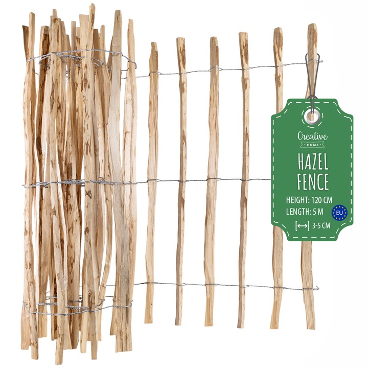Gard din alun, Creative Home, 120 cm inaltime, 5 m lungime, distanta intre sipci 3-5 cm, imprejmuire din lemn pentru gradina