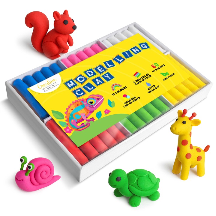 Plastilina pentru copii si scoala, Creative Deco, 12 culori, 800 g, nu se usuca, fara gluten, sigura si netoxica, jucarie educativa si creativa