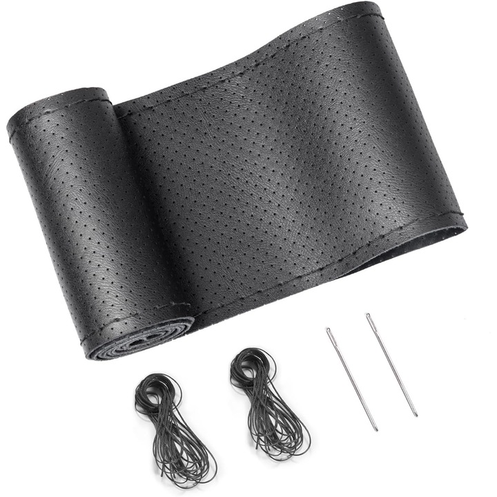 Перфориран калъф за волан от естествена кожа, с игла и конец за шиене, черен, A&SO General Store®