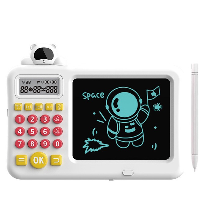 LCD таблет за деца, с функции калкулатор, MorFansi, математически игри, писане, рисуване и учене, STEM, 19x15x2cm, 3 години+, бял