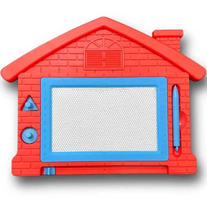Tablita de scris, pentru copii, cu 2 forme si un pix, tip casuta, rosie