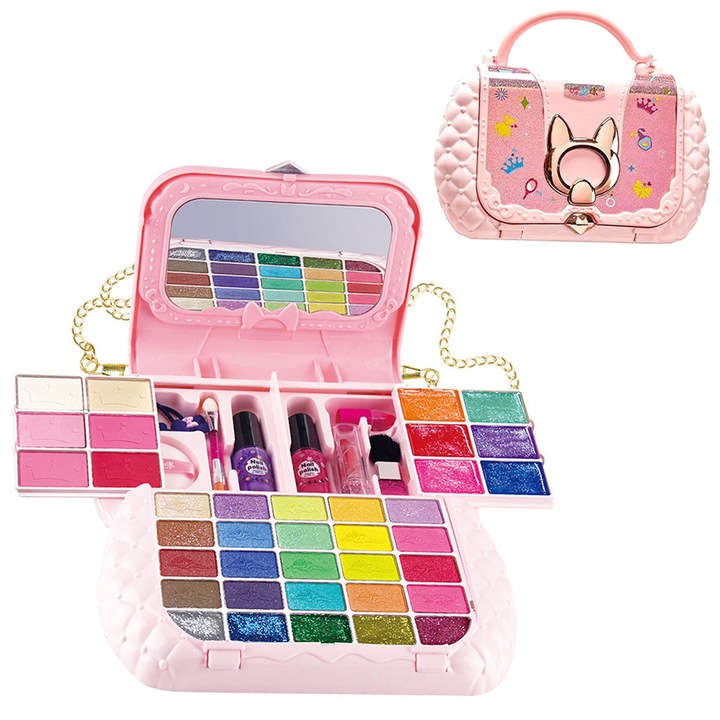 Gyermek sminkkészlet, ZGGZERG, Fogantyús táska, 4-6 év, Biztonságos és könnyen eltávolítható, sminkecset, körömlakk, csillámpor, rúzs, műanyag, 20*13.8*6.3cm, rózsaszín