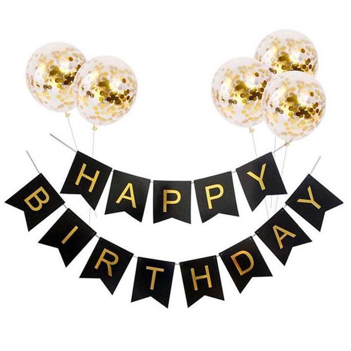 Parti kiegészítő készlet, HAPPY BIRTHDAY banner, 13 banner, 5 lufi, fekete, 12x15 cm