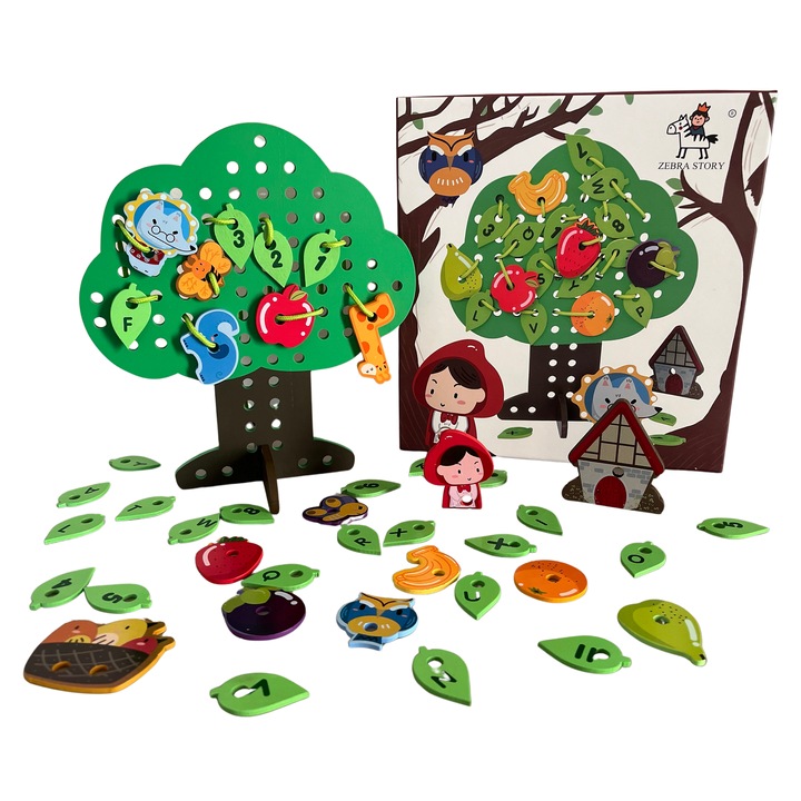 Joc educativ din lemn 3 in 1 – Copacel pentru insiruire cu fructe, litere, cifre si personaje din „Scufita Rosie”