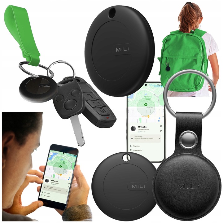 Dispozitiv Anti Pierdere, Mili, MILISKIFINDERAND, 3.7x3.7 cm, Negru, Raza Bluetooth De Pana La 100 De Metri, Rezistenta La Apa (Grad De Protectie Ipx67), Baterie Litiu Mangan Tip Cr2032 Inlocuibila, Fabricat Din Plastic, Localizator Cu Baterie