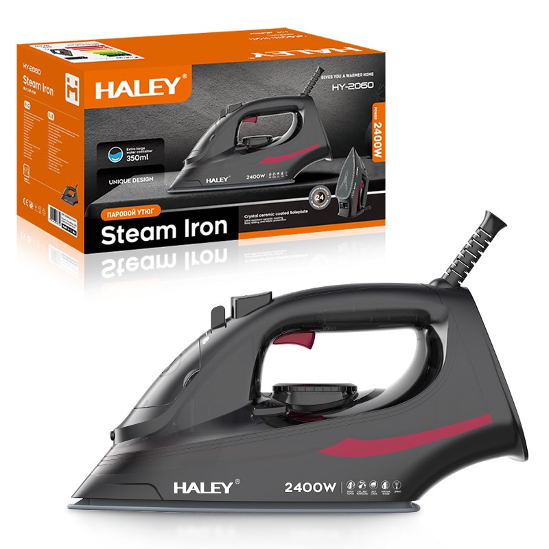 Fier de calcat cu abur HALEY® HY-2060, 2400W, Talpa ceramica, Abur vertical, Auto-curatare, Cablu 1.5m, Negru