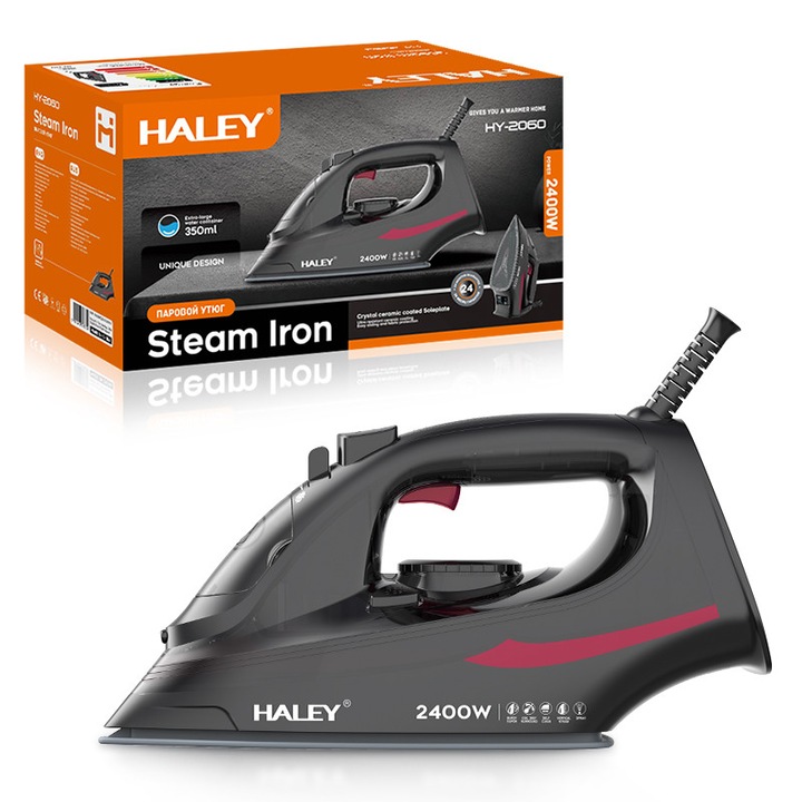 Fier de calcat cu abur HALEY® HY-2060, 2400W, Talpa ceramica, Abur vertical, Auto-curatare, Cablu 1.5m, Negru