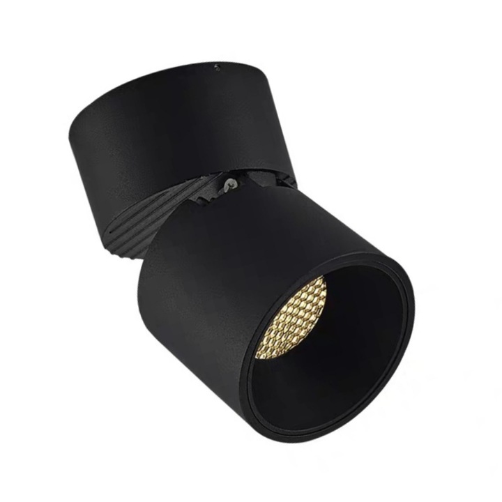 Spot LED 12W/ora,1368lm-50 000 ore,3000K lumina calda, cilindru orientabil cu filtru antiorbire, Negru, clasa energetica E, Forma rotunda pentru durabilitate, aplicare larga, rezistenta la coroziune si curatare usoara, Nu necesita gaurire sau cablare