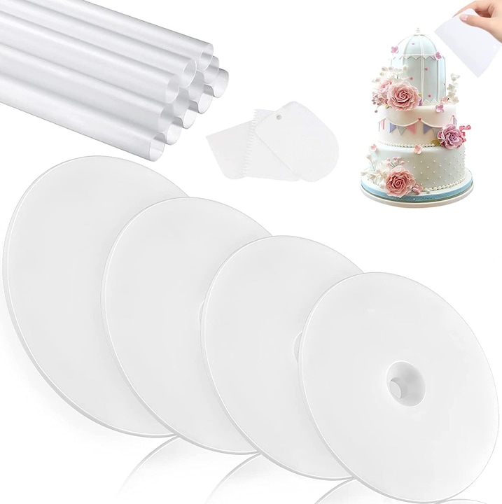 Suport etajat pentru torturi, 9/12/16/20 cm, Cu 3 raclete de plastic pentru tort, Plastic, Alb