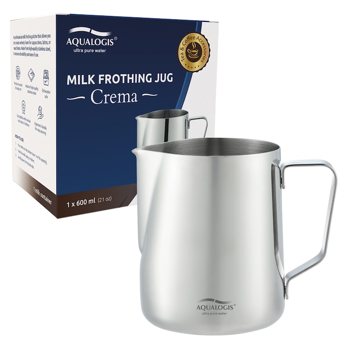 Ulcior pentru spumarea laptelui 600 ml – Aqualogis, otel inoxidabil de inalta calitate, rezistent la temperaturi ridicate, design profesional pentru barista, ideal pentru cappuccino, latte, flat white si bauturi pe baza de lapte